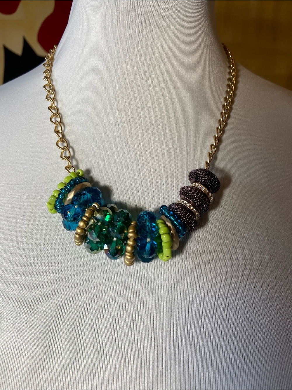 Vintage Teal, Blue and Lime Bead Statement Necklace